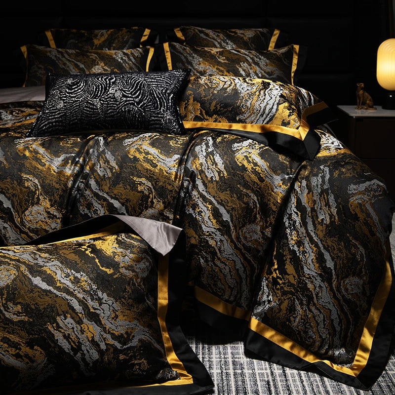 Luxury Black Gold Satin Jacquard Bedding Set 1000TC Cotton