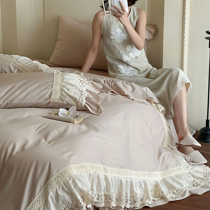 Elegant French Lace Ruffle Bedding Set 100% Cotton