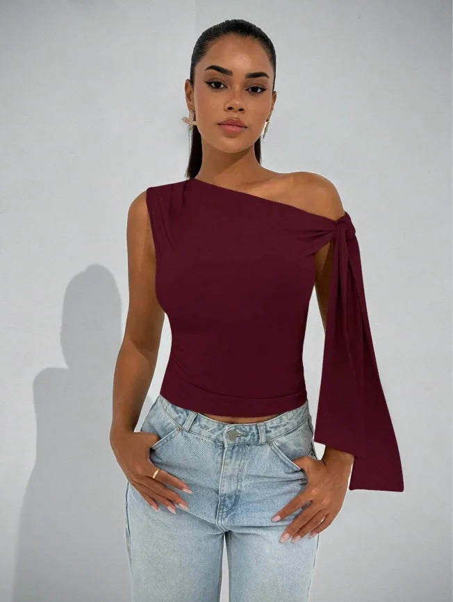 Women’s Elegant Sleeveless Slim Fit Top with Knot Necktie