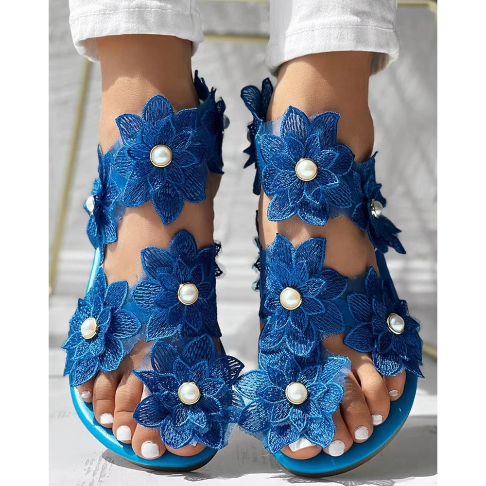 Beautiful Summer Ring Flower Flat Sandals