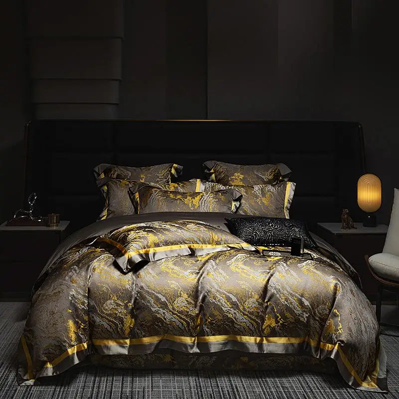 Luxury Black Gold Satin Jacquard Bedding Set 1000TC Cotton