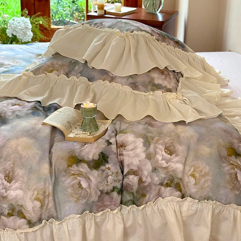 Luxurious  Chic Vintage Rose French Ruffle Fringe Bedding Set 100% Cotton