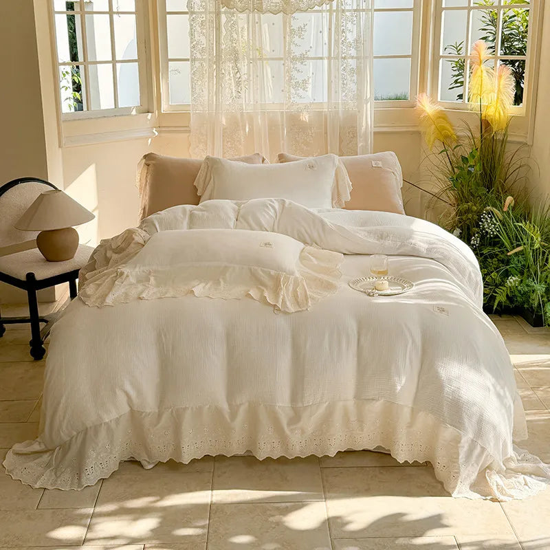 Elegant Wide Lace Solid Bedding Set