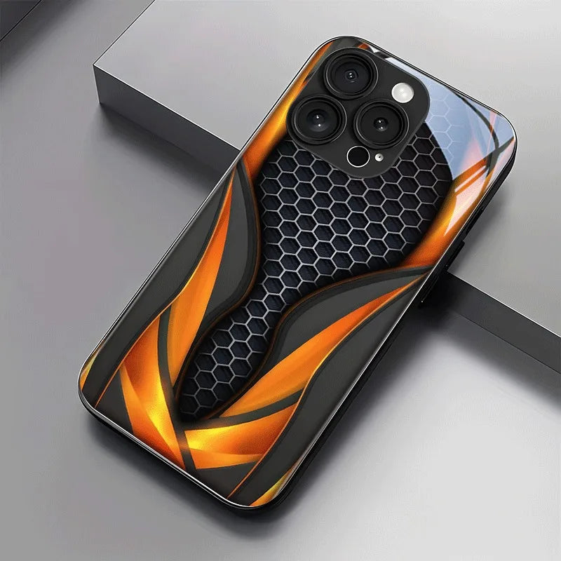 Black Orange Honeycomb Pattern Tempered Glass Phone Case for iPhone