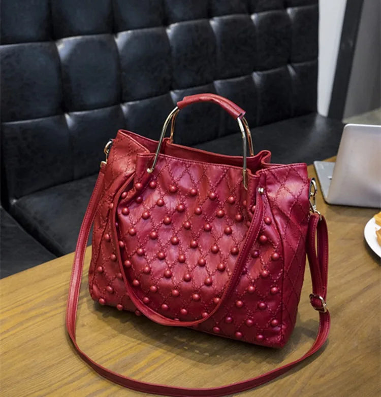 Soft Black Genuine Leather Rivet Large Handbag