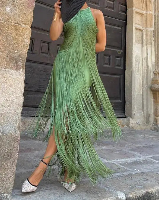 Women 2026 Spring Summer Solid Color Halter Tassel Long Dress