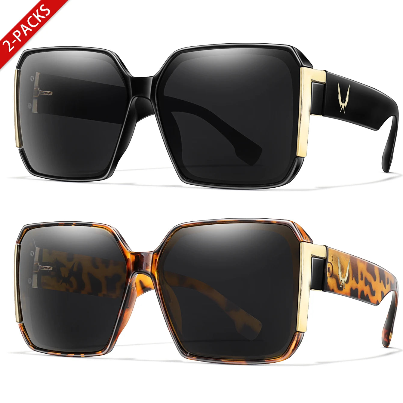 Elegant 2 Packs Unisex Square Sunglasses With UV Protection