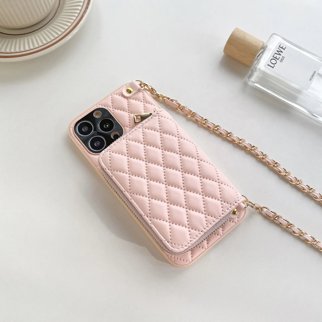 iPhone Crossbody Leather Case with Lanyard Strap – Wallet Card Holder Chain Phone Cover