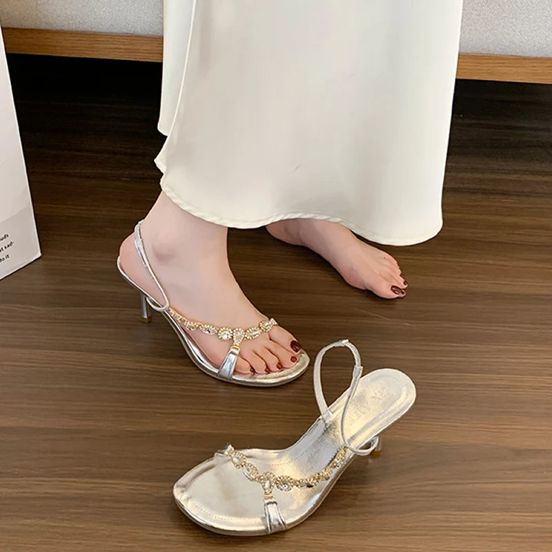 Women’s High Heel Sandals with Gem Chain Strap