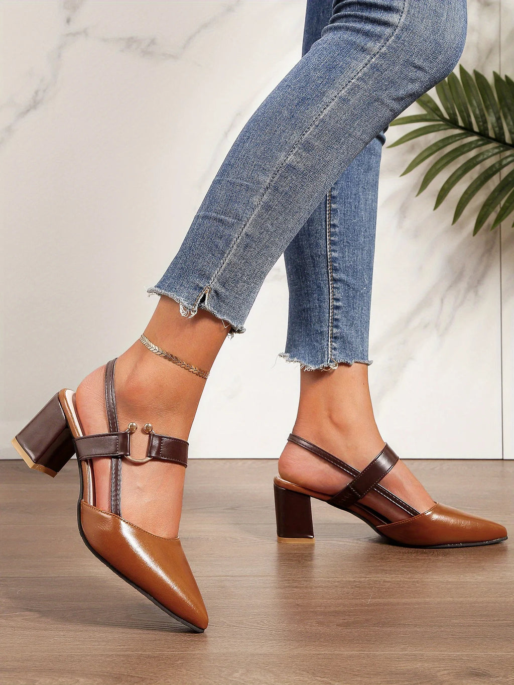 Two-Color Pointed Toe Block Sandals