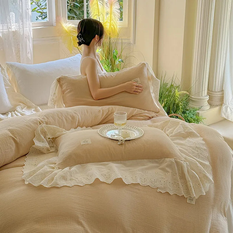 Elegant Wide Lace Solid Bedding Set