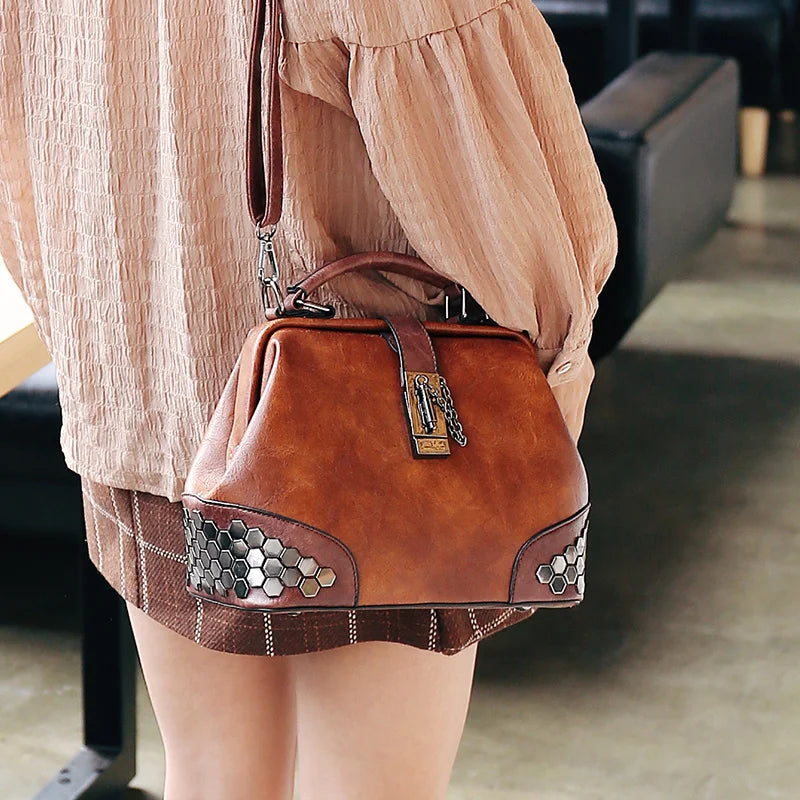 Rivet Leather Shoulder Handbag