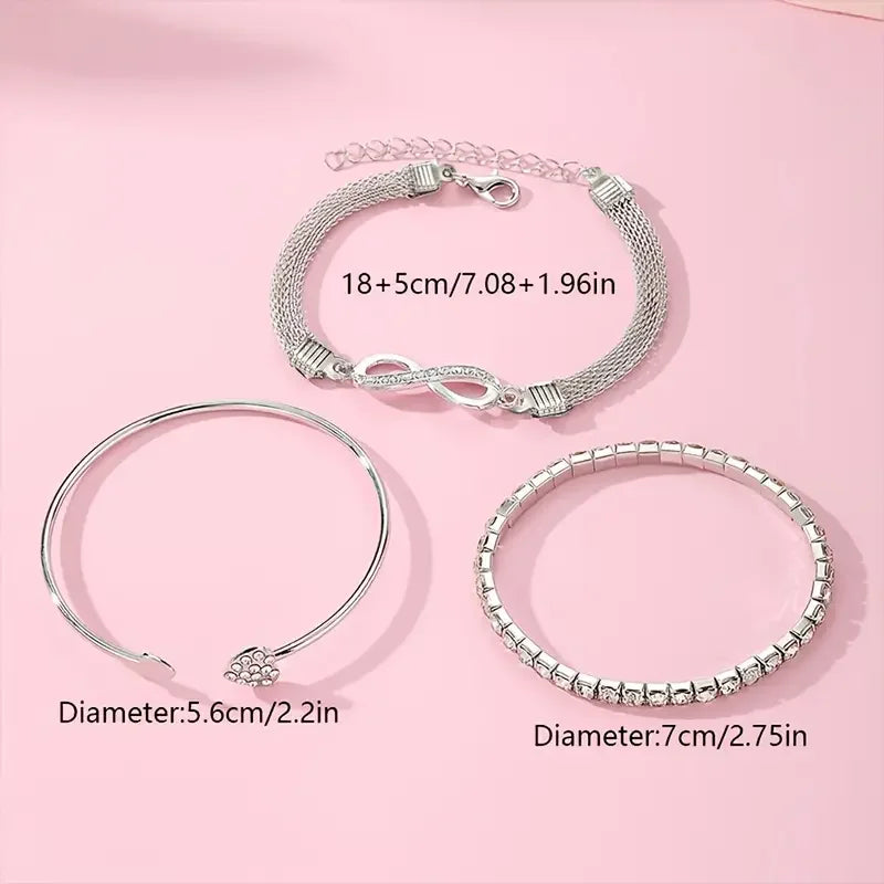 3pcs/Set Vintage Crystal Rhinestone Heart Bracelets