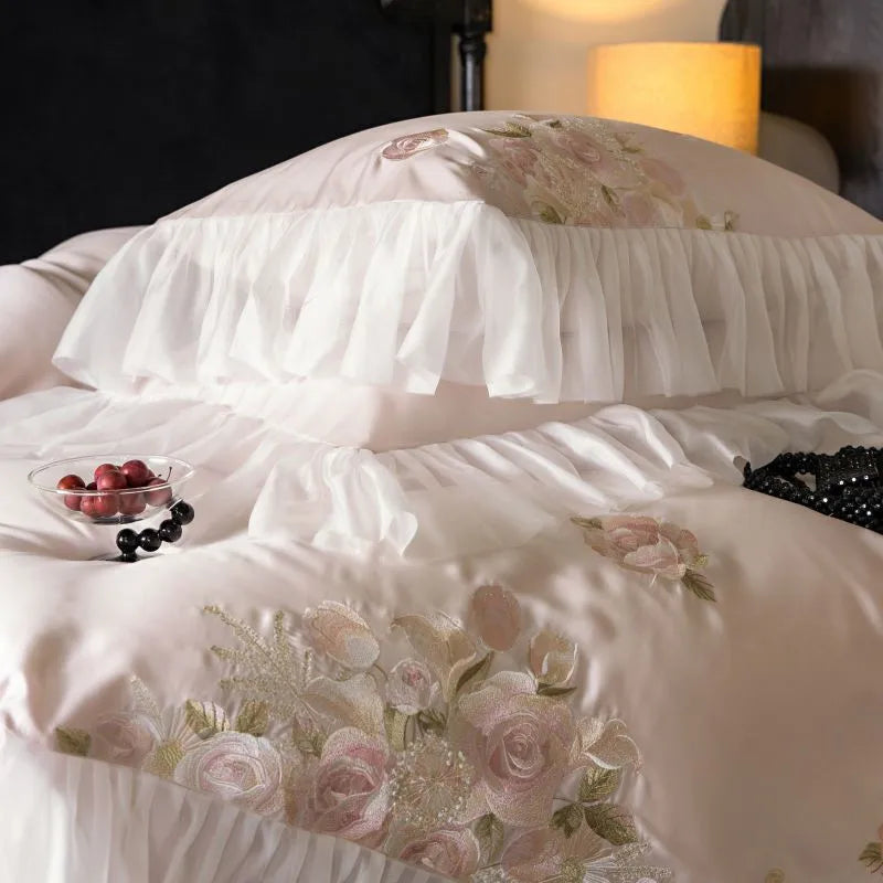 Beautiful Flowers Embroidery Ruffle Bedding Set 100% Cotton