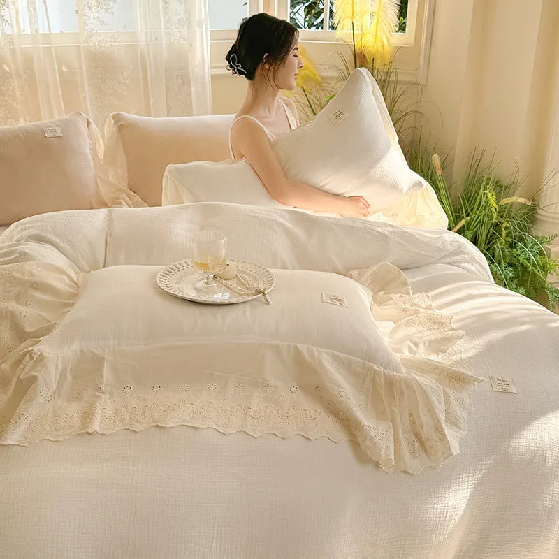 Elegant Wide Lace Solid Bedding Set