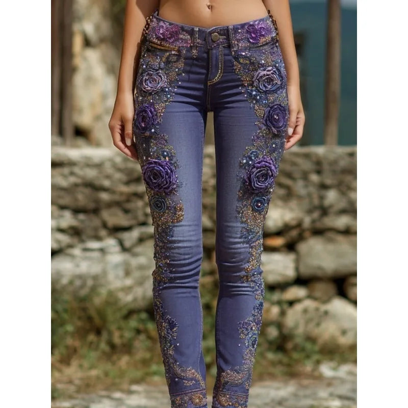 American Style Floral Print Straight Leg Denim Jeans