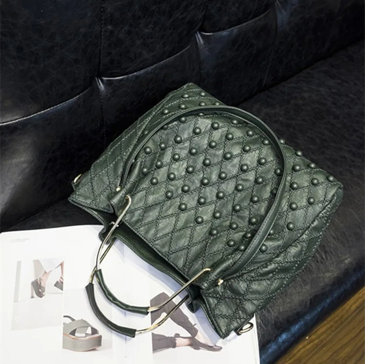 Soft Black Genuine Leather Rivet Large Handbag