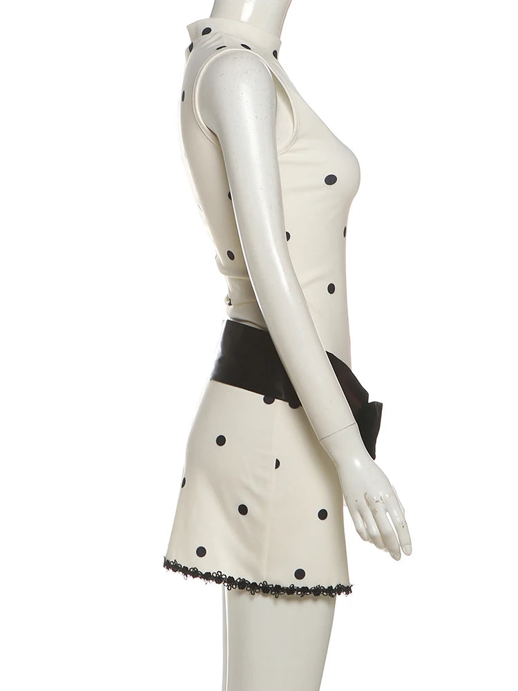 Chic Polka Dot Bodycon Dress Sleeveless Lace Bow
