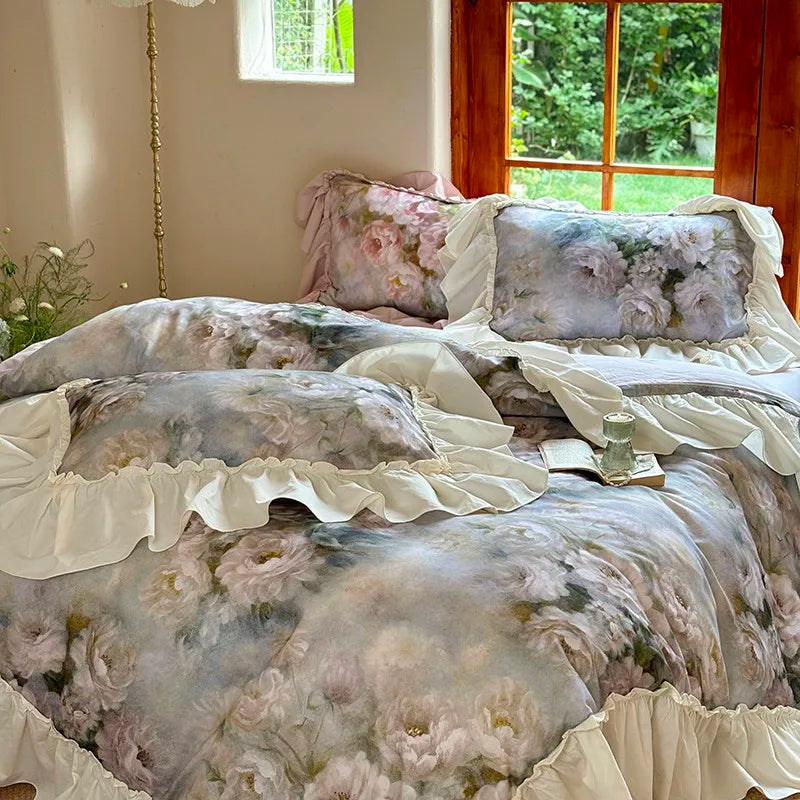 Luxurious  Chic Vintage Rose French Ruffle Fringe Bedding Set 100% Cotton