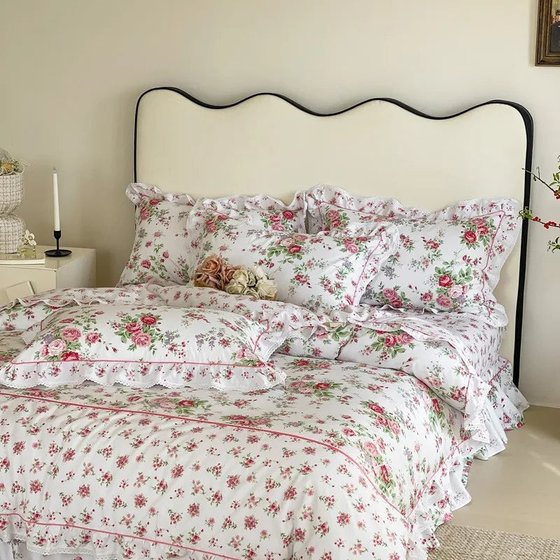 Elegant Ruffle Elegant Vintage Floral Bedding Set 100% Cotton