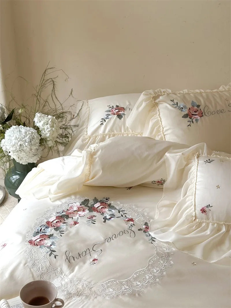 100% Egyptian Cotton Floral Embroidery Luxurious Bedding Set