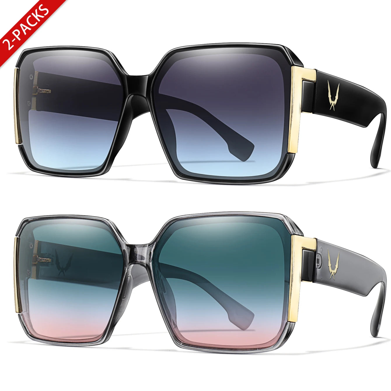 Elegant 2 Packs Unisex Square Sunglasses With UV Protection
