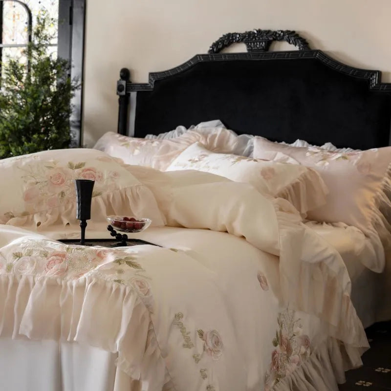 Beautiful Flowers Embroidery Ruffle Bedding Set 100% Cotton