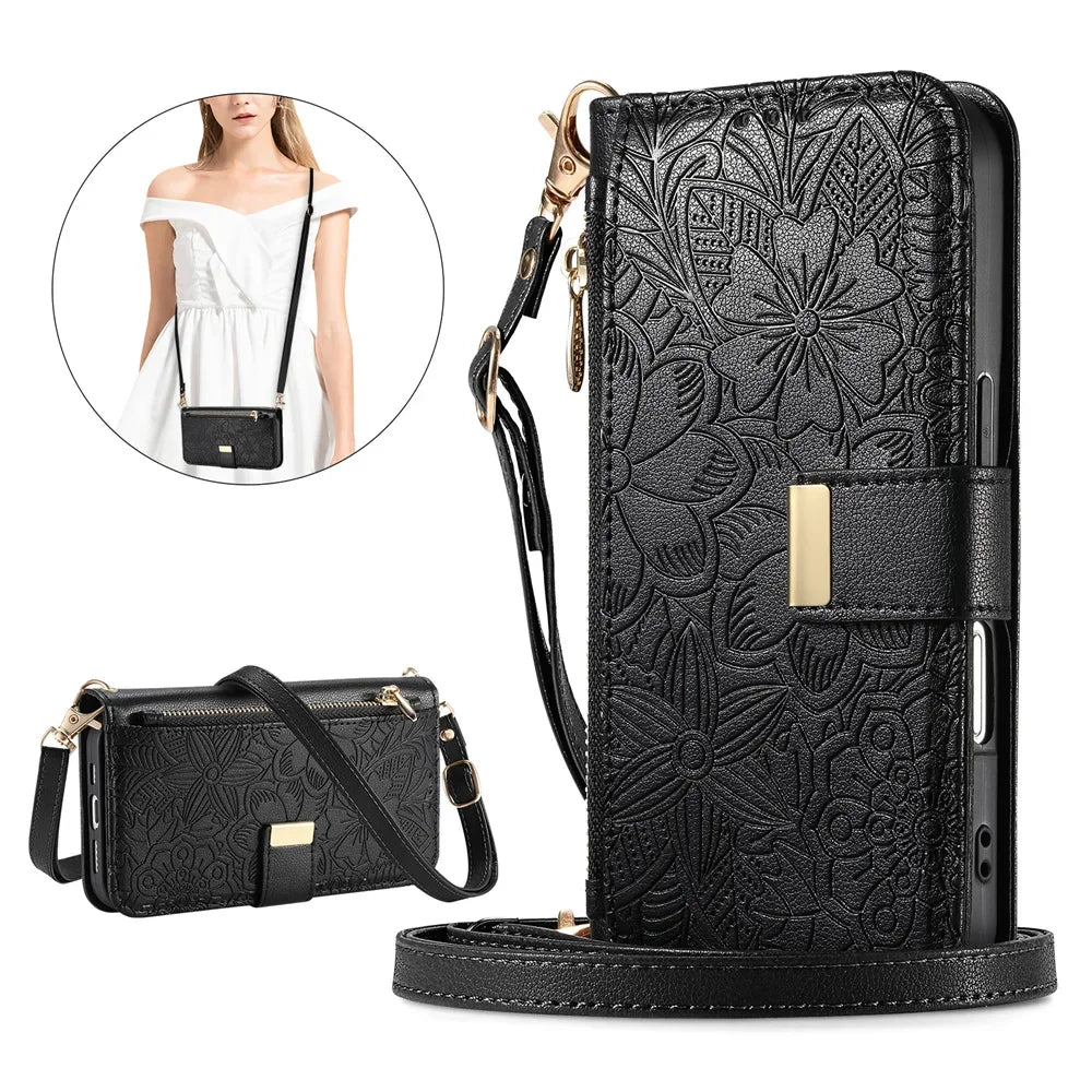 Leather Zipper Wallet Crossbody iPhone Case