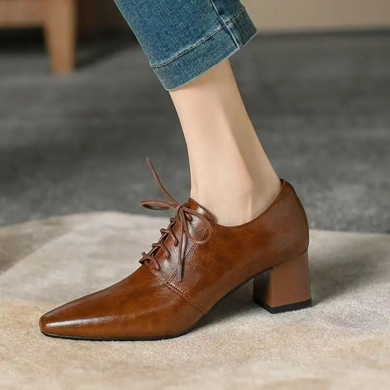 Women’s Square Toe Chunky Heel Leather Loafers