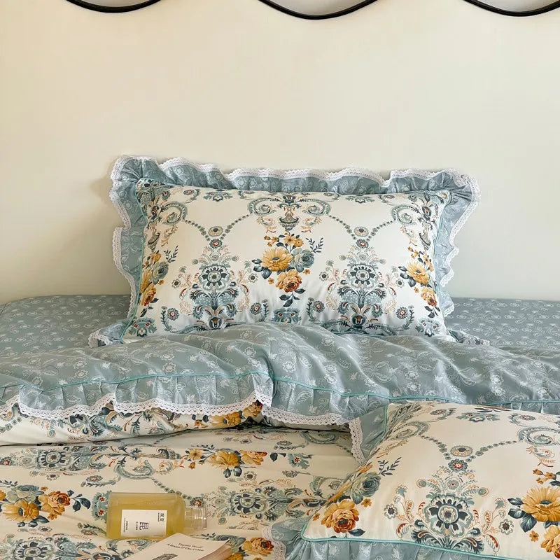 Elegant Ruffle Elegant Vintage Floral Bedding Set 100% Cotton
