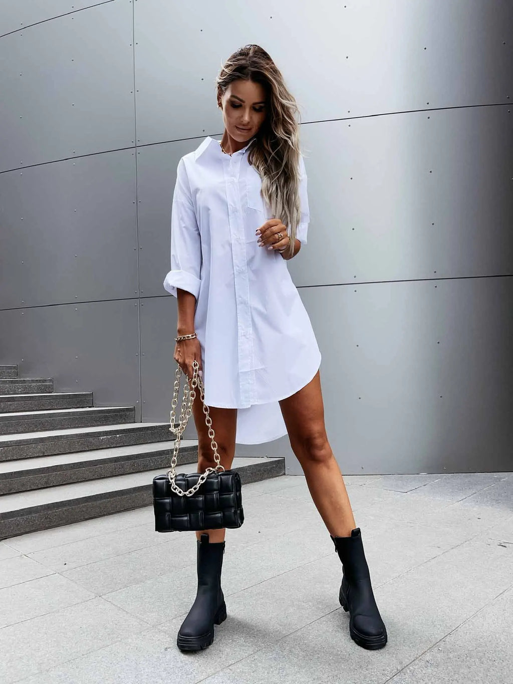 Women’s Solid Color Button Front Shirt Dress