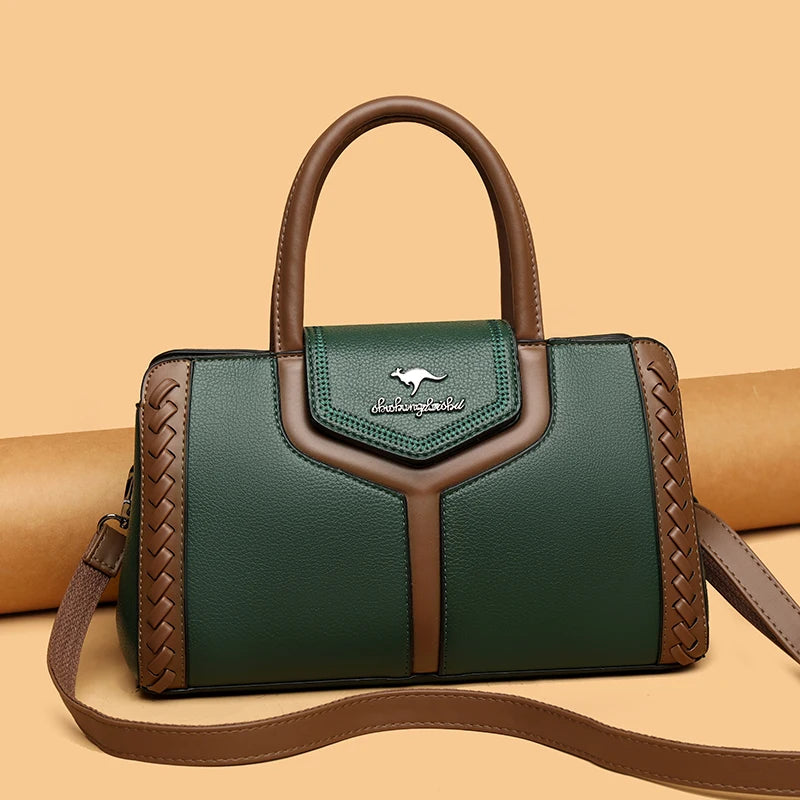 Two Color Genuine Soft Leather 3-layer Top-Handle Bag