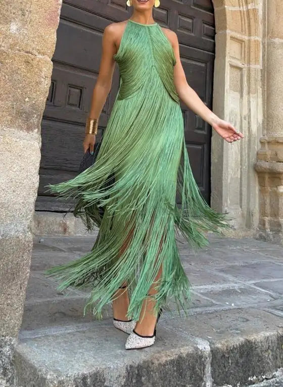 Women 2026 Spring Summer Solid Color Halter Tassel Long Dress