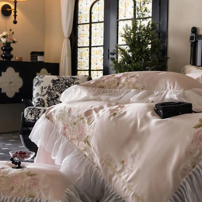 Beautiful Flowers Embroidery Ruffle Bedding Set 100% Cotton