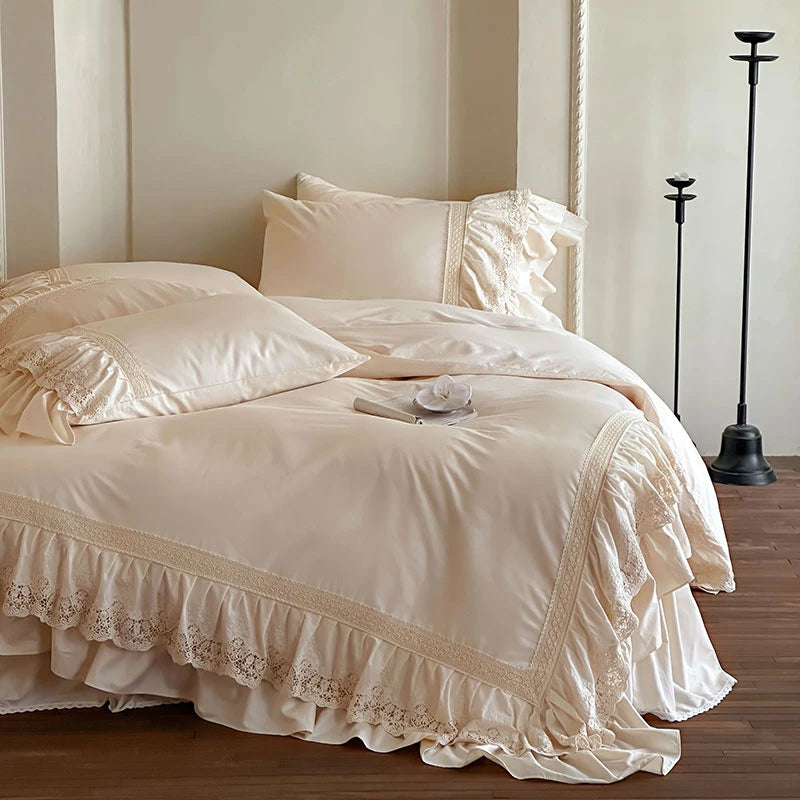 Elegant French Lace Ruffle Bedding Set 100% Cotton