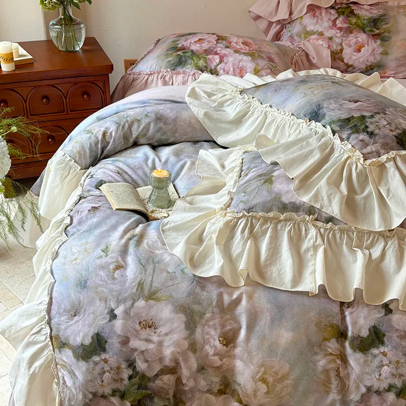 Luxurious  Chic Vintage Rose French Ruffle Fringe Bedding Set 100% Cotton