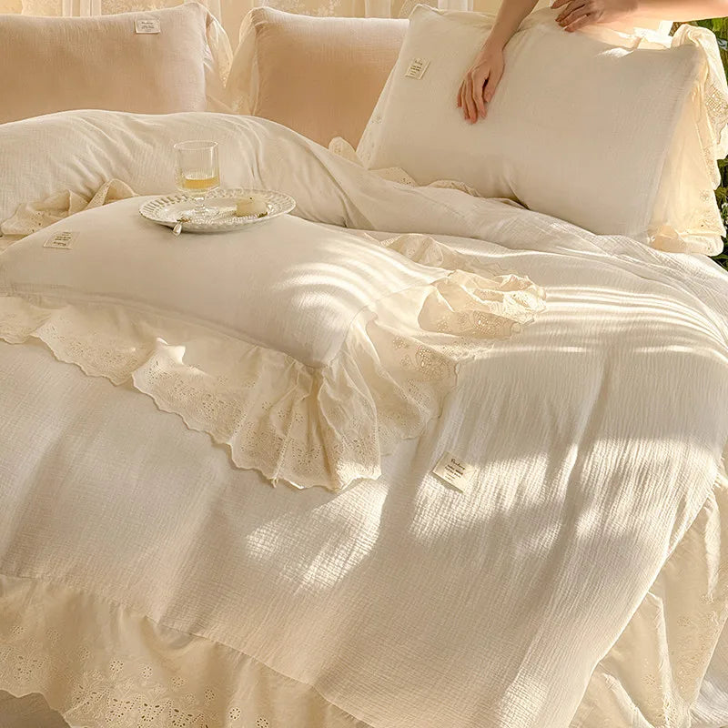 Elegant Wide Lace Solid Bedding Set