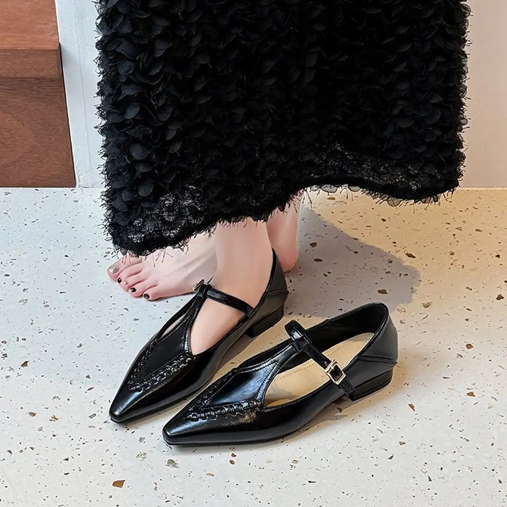 Women’s Genuine Leather T-Strap Pointed Toe Flats