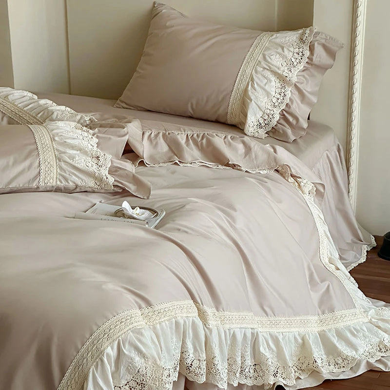 Elegant French Lace Ruffle Bedding Set 100% Cotton