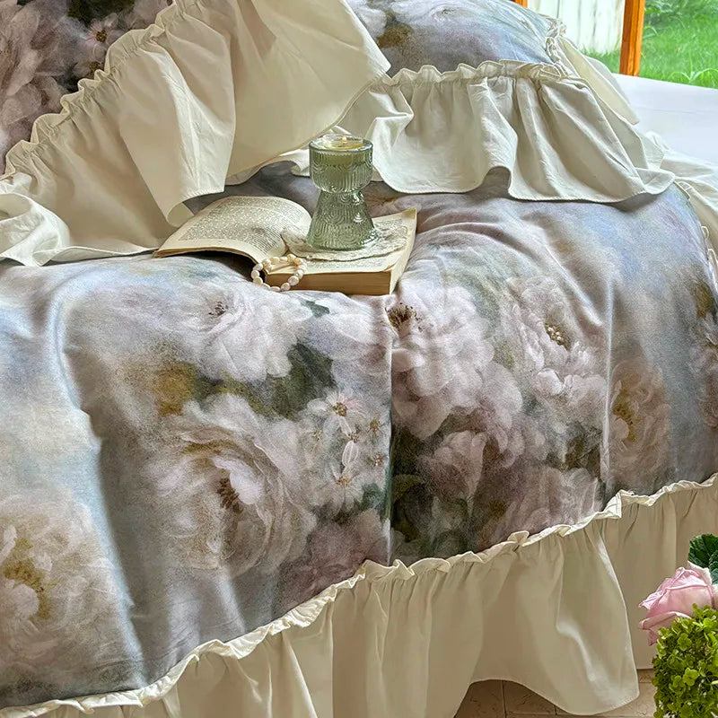 Luxurious  Chic Vintage Rose French Ruffle Fringe Bedding Set 100% Cotton