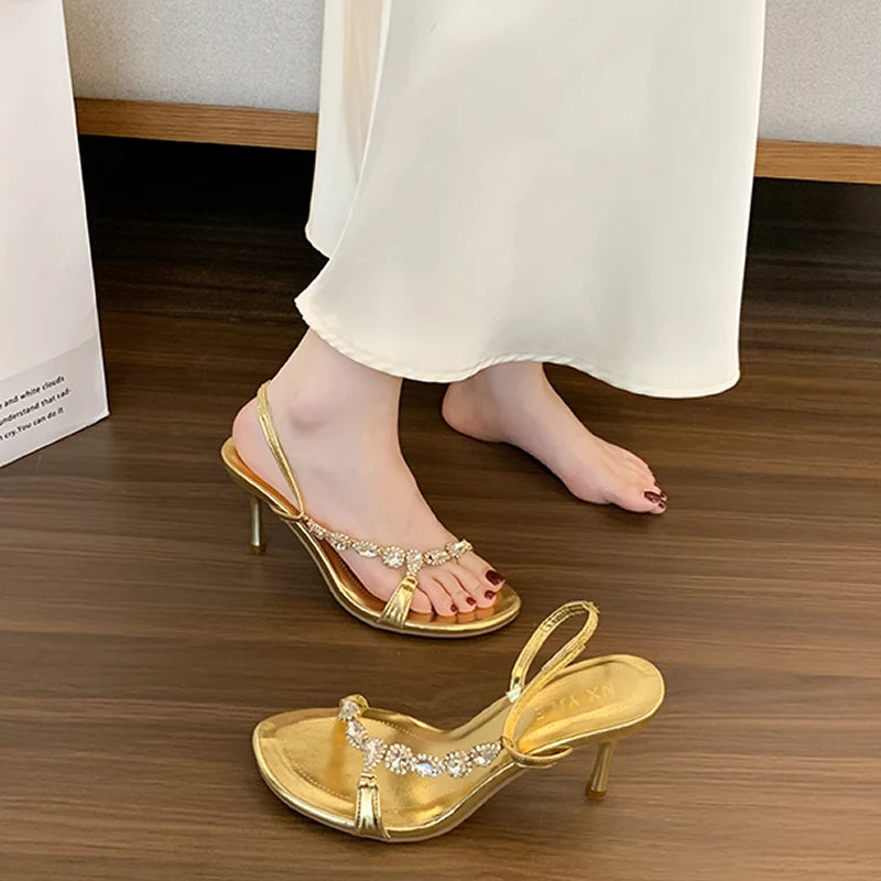 Women’s High Heel Sandals with Gem Chain Strap