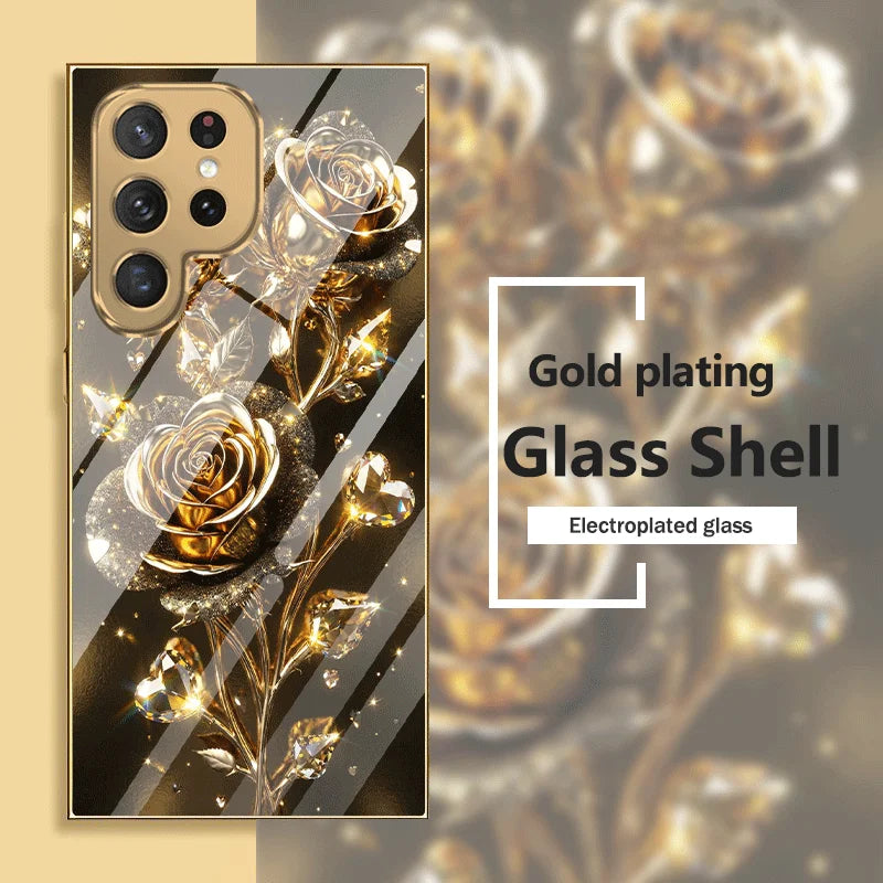 Rose Phone Case for Samsung Galaxy – Electroplated Glass TPU Shockproof Cover
