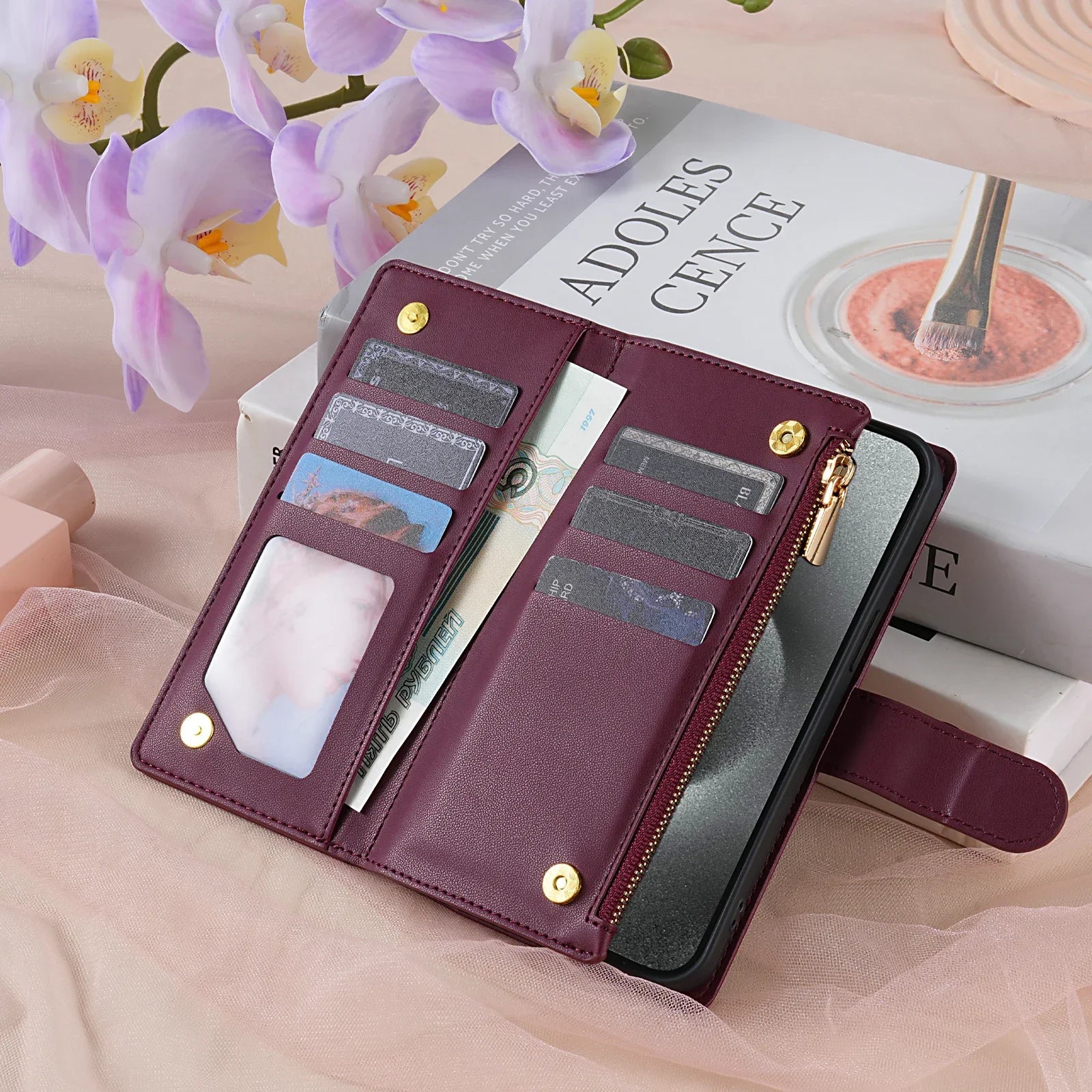 Samsung Galaxy Crossbody Leather Case with Zipper Wallet & Card Holder