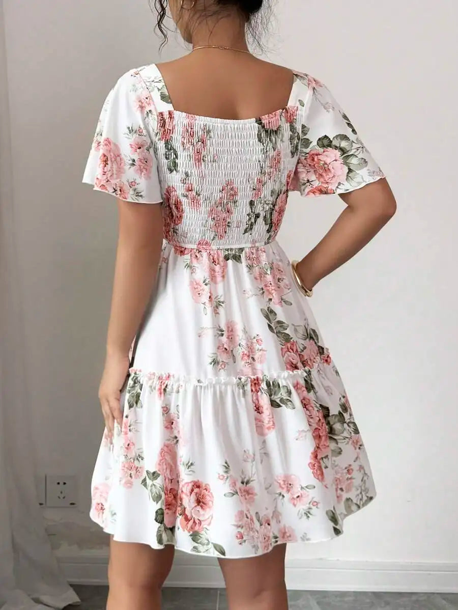 Women’s Floral Print Ruffle Hem Casual Dress with Sashes & Short Sleeves