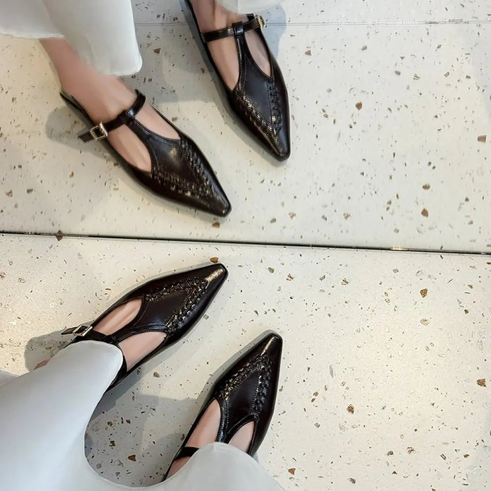 Women’s Genuine Leather T-Strap Pointed Toe Flats