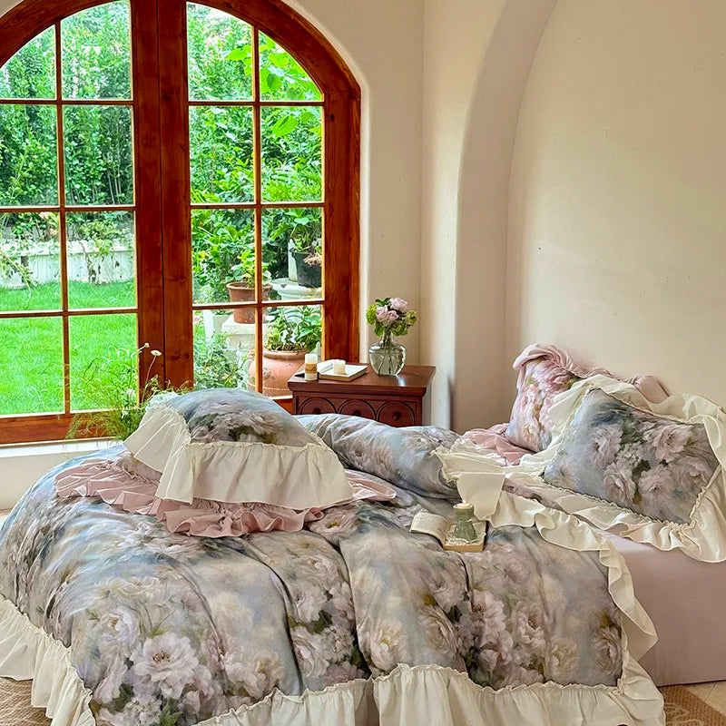 Luxurious  Chic Vintage Rose French Ruffle Fringe Bedding Set 100% Cotton