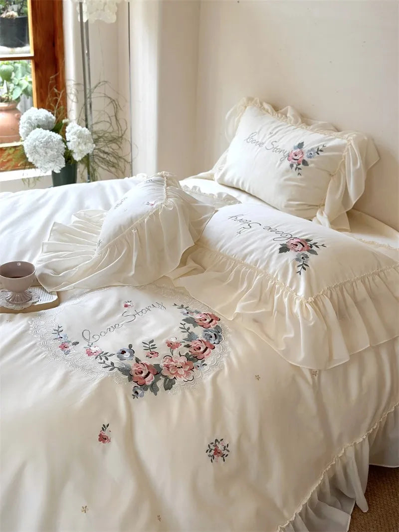 100% Egyptian Cotton Floral Embroidery Luxurious Bedding Set