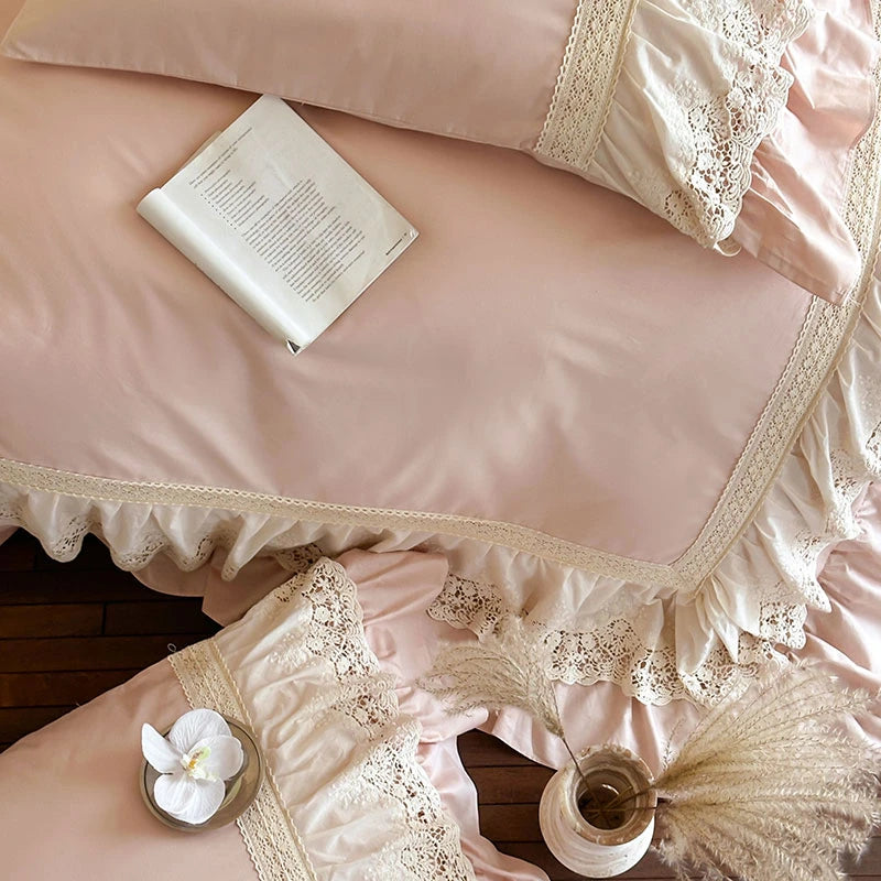 Elegant French Lace Ruffle Bedding Set 100% Cotton