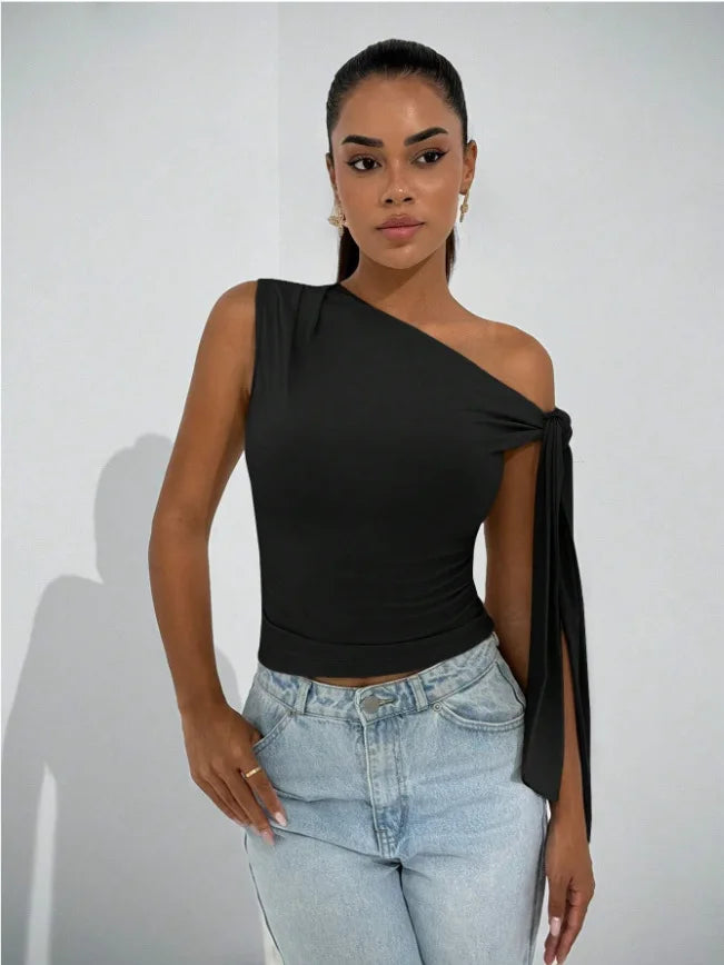 Women’s Elegant Sleeveless Slim Fit Top with Knot Necktie