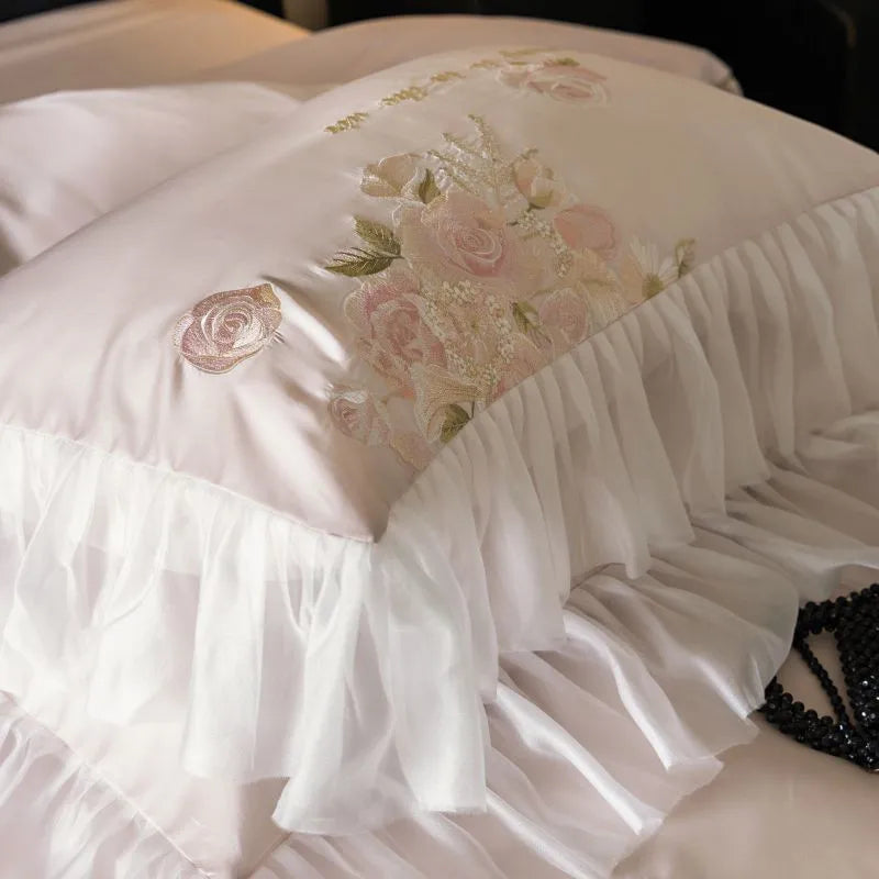 Beautiful Flowers Embroidery Ruffle Bedding Set 100% Cotton